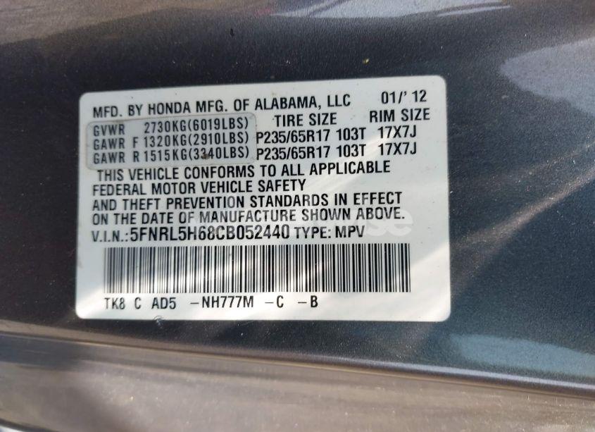 Photo 9 of 2012 Honda Odyssey EX-L (VIN 5FNRL5H68CB052440)
