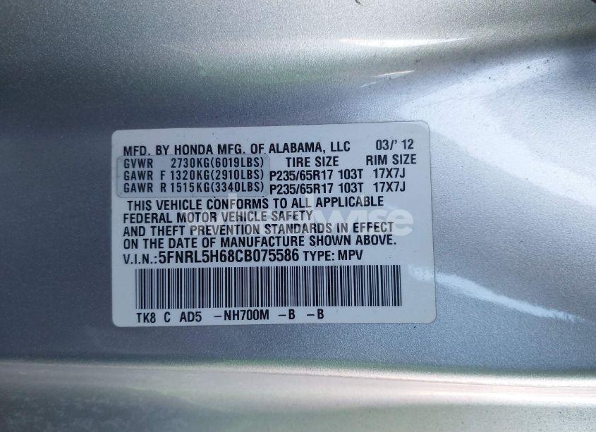 Photo 9 of 2012 Honda Odyssey EX-L (VIN 5FNRL5H68CB075586)