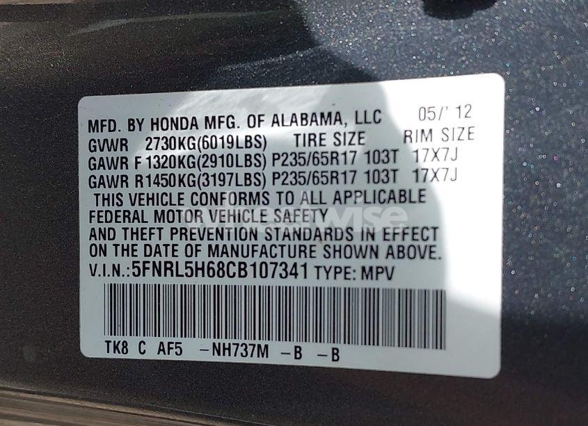 Photo 9 of 2012 Honda Odyssey EXL (VIN 5FNRL5H68CB107341)