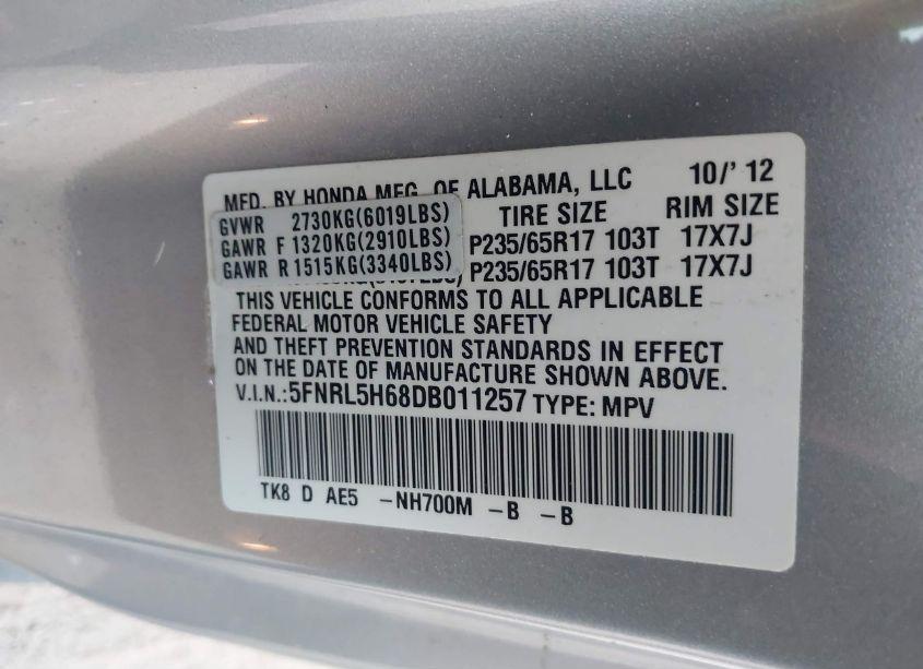 Photo 9 of 2013 Honda Odyssey EX-L (VIN 5FNRL5H68DB011257)