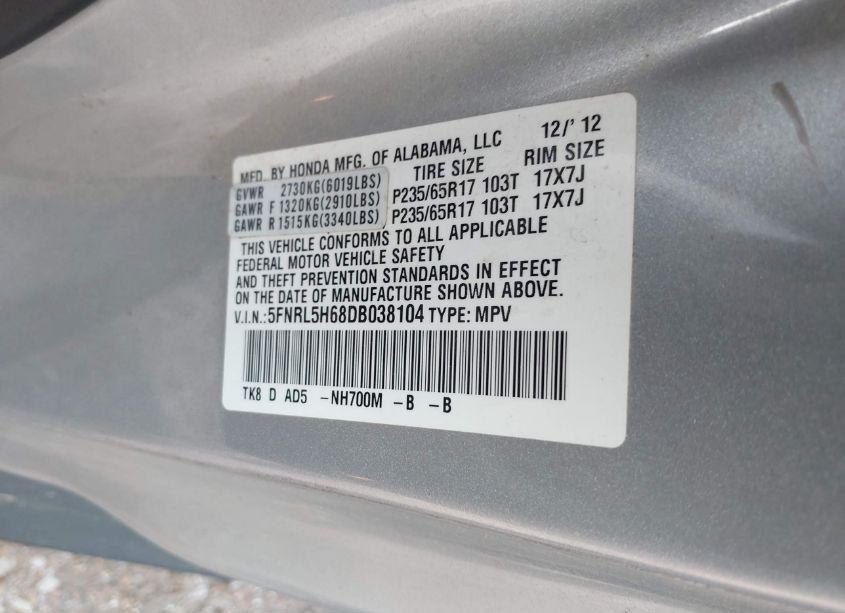 Photo 9 of 2013 Honda Odyssey EX-L (VIN 5FNRL5H68DB038104)