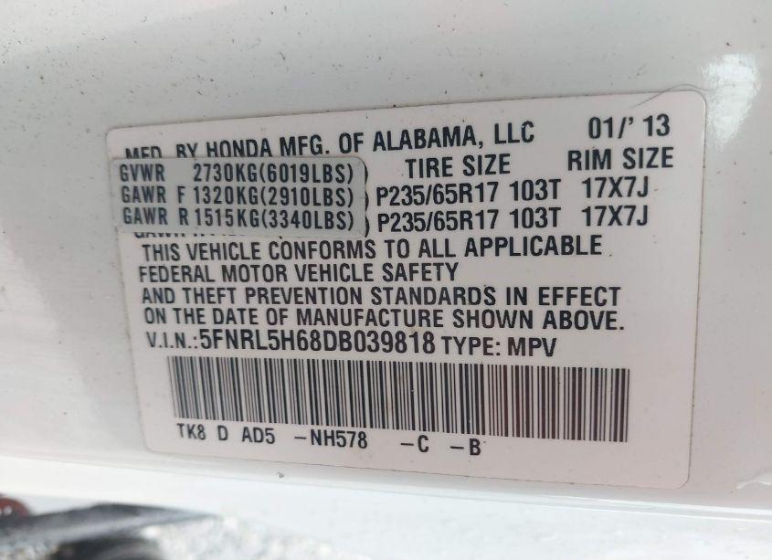 Photo 9 of 2013 Honda Odyssey EX-L (VIN 5FNRL5H68DB039818)