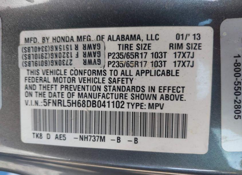 Photo 9 of 2013 Honda Odyssey EX-L (VIN 5FNRL5H68DB041102)