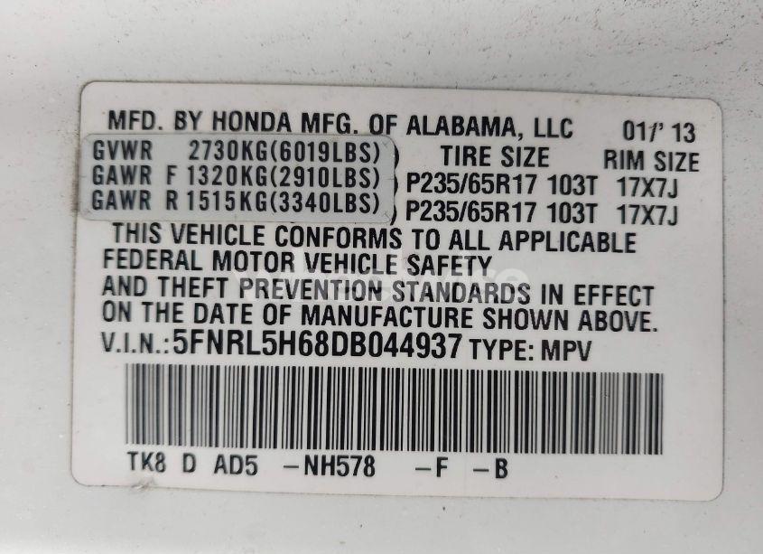 Photo 9 of 2013 Honda Odyssey EX-L (VIN 5FNRL5H68DB044937)
