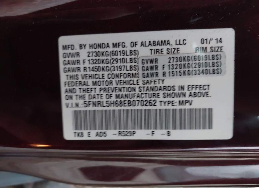 Photo 9 of 2014 Honda Odyssey EX-L (VIN 5FNRL5H68EB070262)