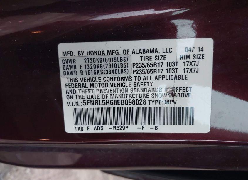 Photo 9 of 2014 Honda Odyssey EX-L (VIN 5FNRL5H68EB098028)