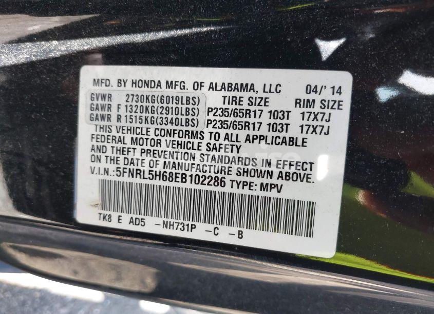 Photo 9 of 2014 Honda Odyssey EX-L (VIN 5FNRL5H68EB102286)