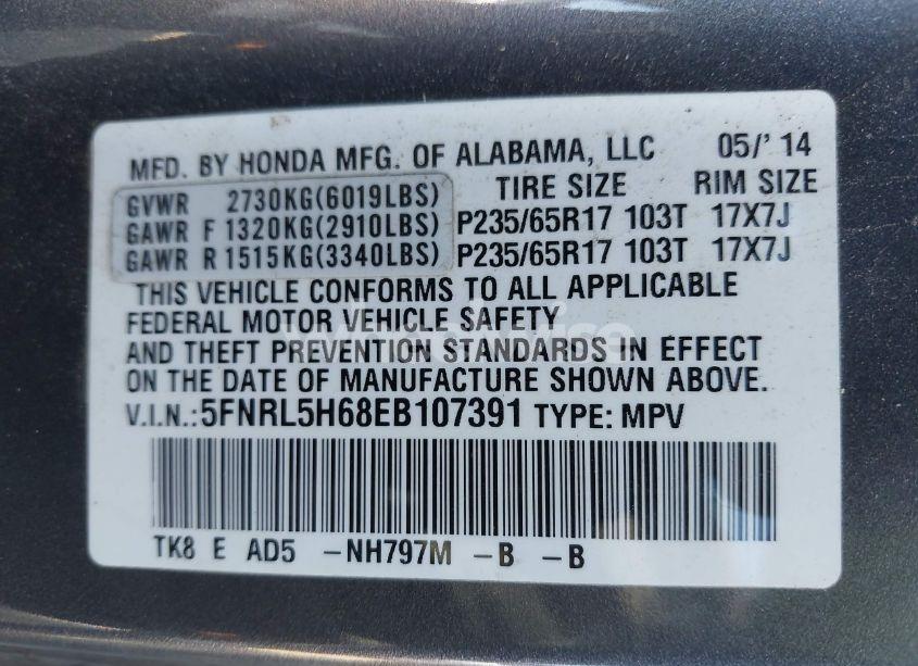 Photo 9 of 2014 Honda Odyssey EX-L (VIN 5FNRL5H68EB107391)