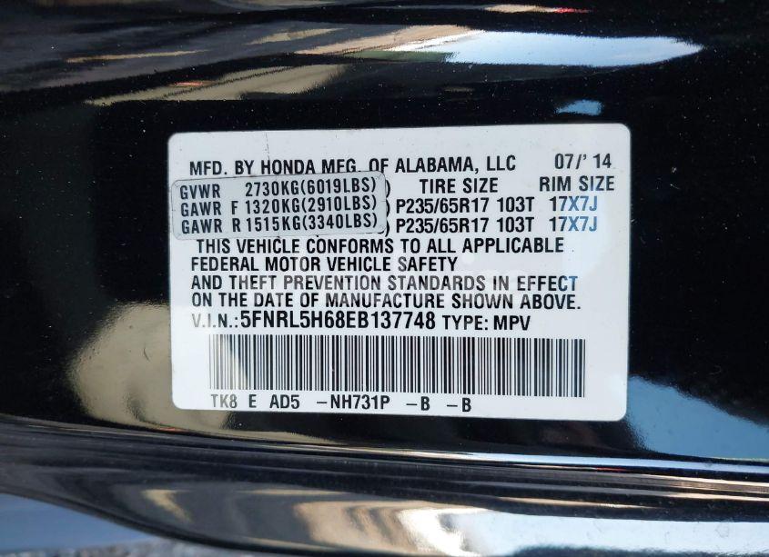 Photo 9 of 2014 Honda Odyssey EX-L (VIN 5FNRL5H68EB137748)