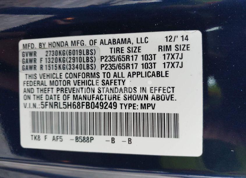 Photo 9 of 2015 Honda Odyssey EX-L (VIN 5FNRL5H68FB049249)