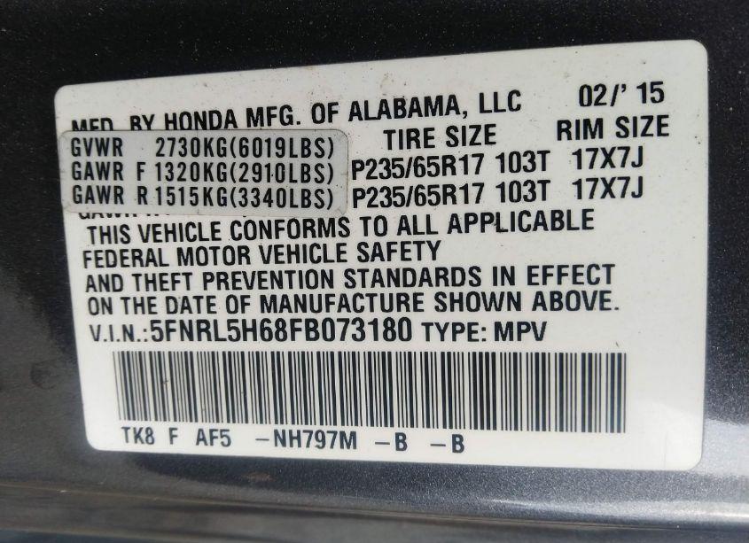 Photo 9 of 2015 Honda Odyssey EX-L (VIN 5FNRL5H68FB073180)