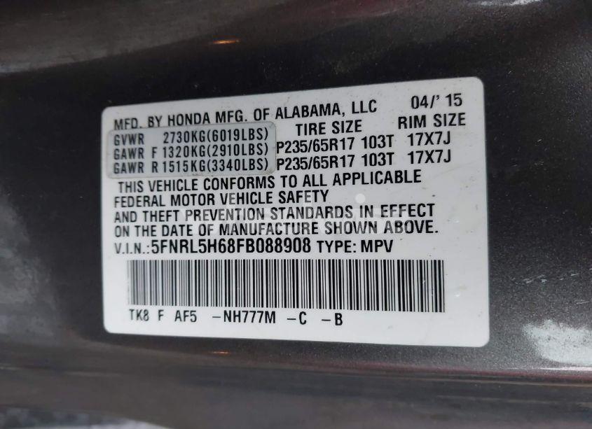 Photo 9 of 2015 Honda Odyssey EX-L (VIN 5FNRL5H68FB088908)