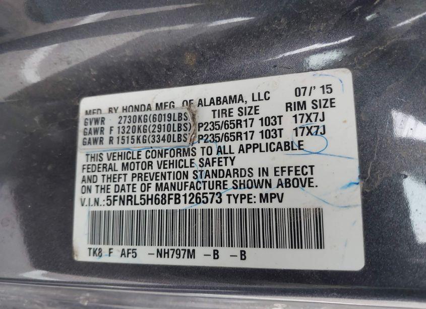 Photo 9 of 2015 Honda Odyssey EX-L (VIN 5FNRL5H68FB126573)