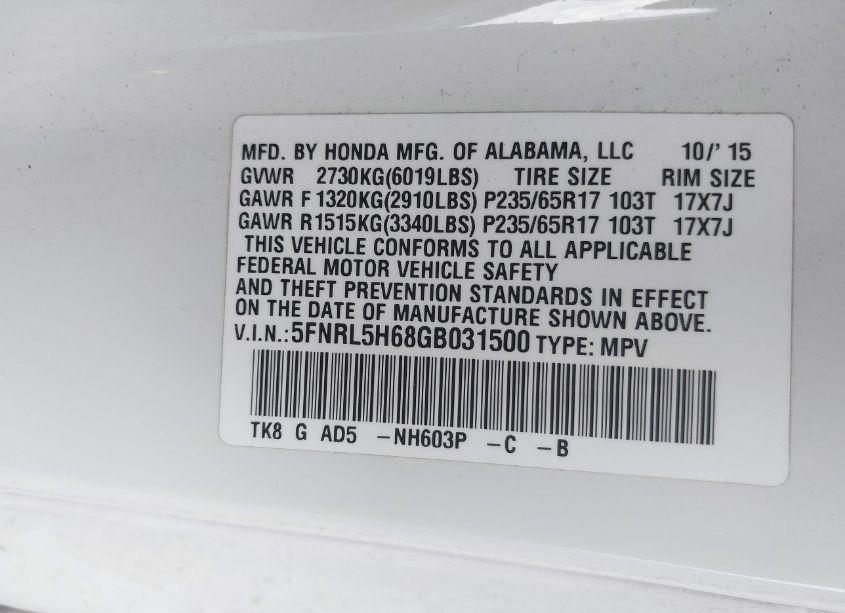 Photo 9 of 2016 Honda Odyssey EX-L (VIN 5FNRL5H68GB031500)