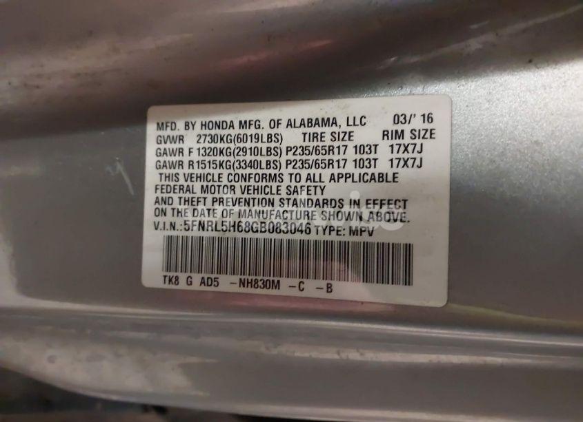 Photo 9 of 2016 Honda Odyssey EX-L (VIN 5FNRL5H68GB083046)