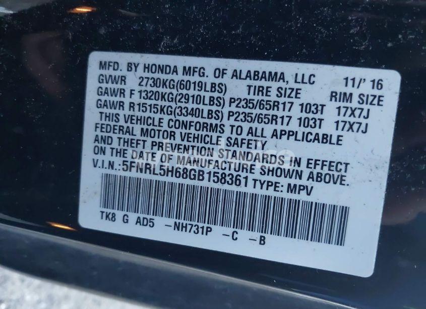 Photo 9 of 2016 Honda Odyssey EX-L (VIN 5FNRL5H68GB158361)