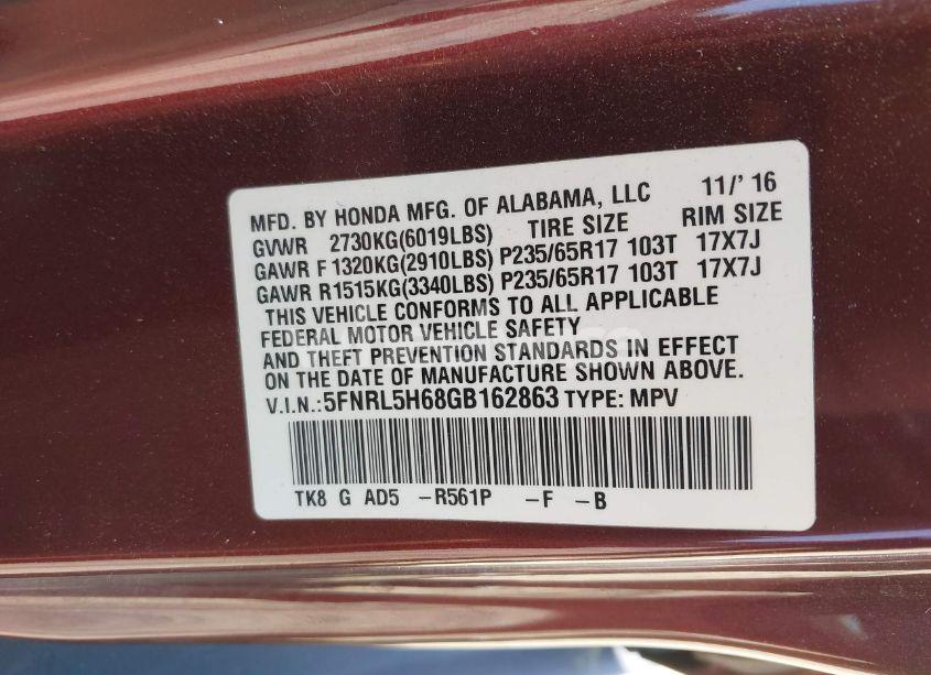 Photo 9 of 2016 Honda Odyssey EX-L (VIN 5FNRL5H68GB162863)