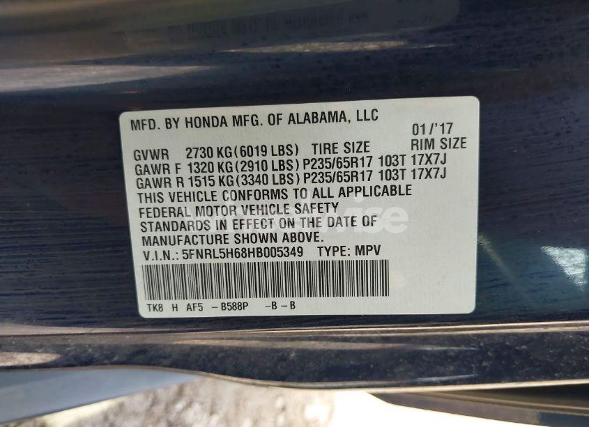 Photo 9 of 2017 Honda Odyssey EX-L (VIN 5FNRL5H68HB005349)