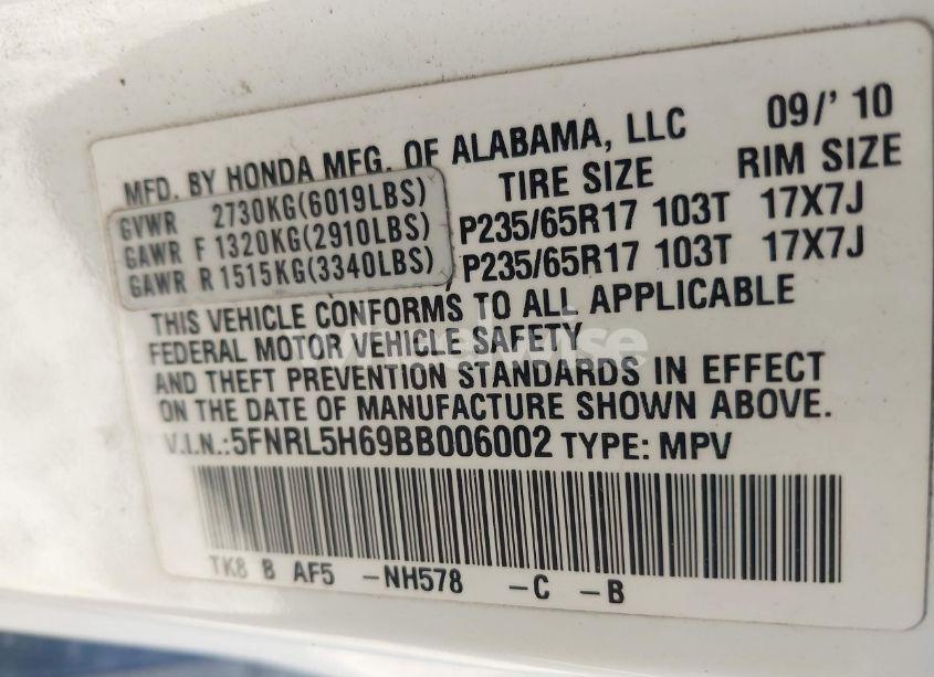 Photo 9 of 2011 Honda Odyssey EX-L (VIN 5FNRL5H69BB006002)