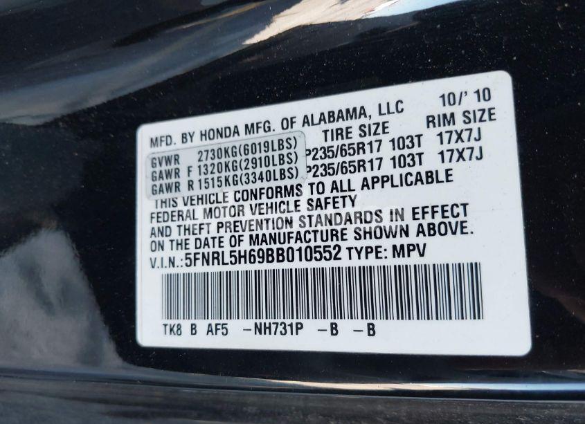 Photo 9 of 2011 Honda Odyssey EX-L (VIN 5FNRL5H69BB010552)