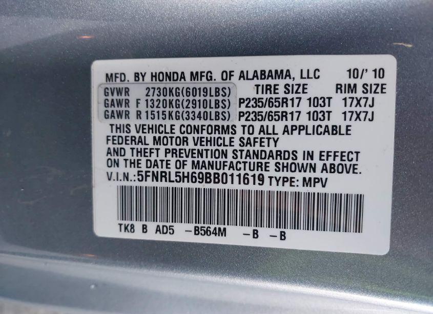 Photo 9 of 2011 Honda Odyssey EX-L (VIN 5FNRL5H69BB011619)