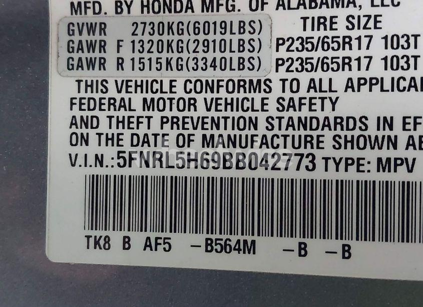 Photo 9 of 2011 Honda Odyssey EX-L (VIN 5FNRL5H69BB042773)