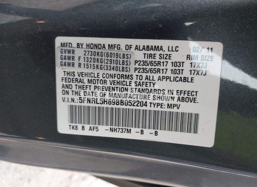 Photo 9 of 2011 Honda Odyssey EX-L (VIN 5FNRL5H69BB052204)