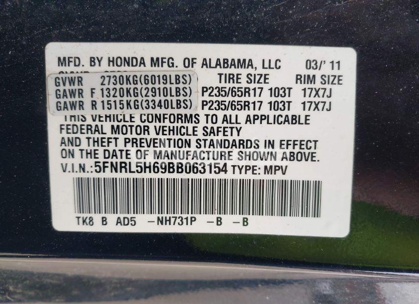 Photo 9 of 2011 Honda Odyssey EX-L (VIN 5FNRL5H69BB063154)