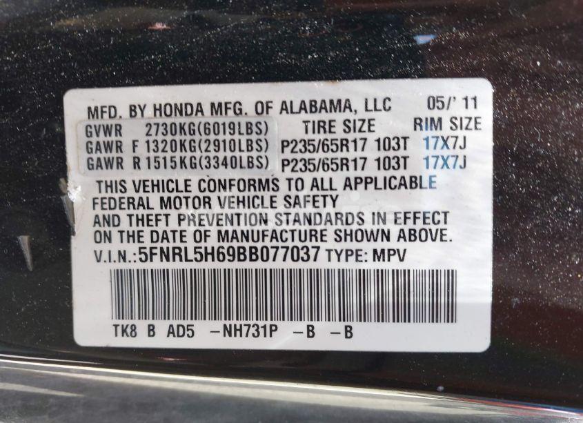 Photo 9 of 2011 Honda Odyssey EX-L (VIN 5FNRL5H69BB077037)