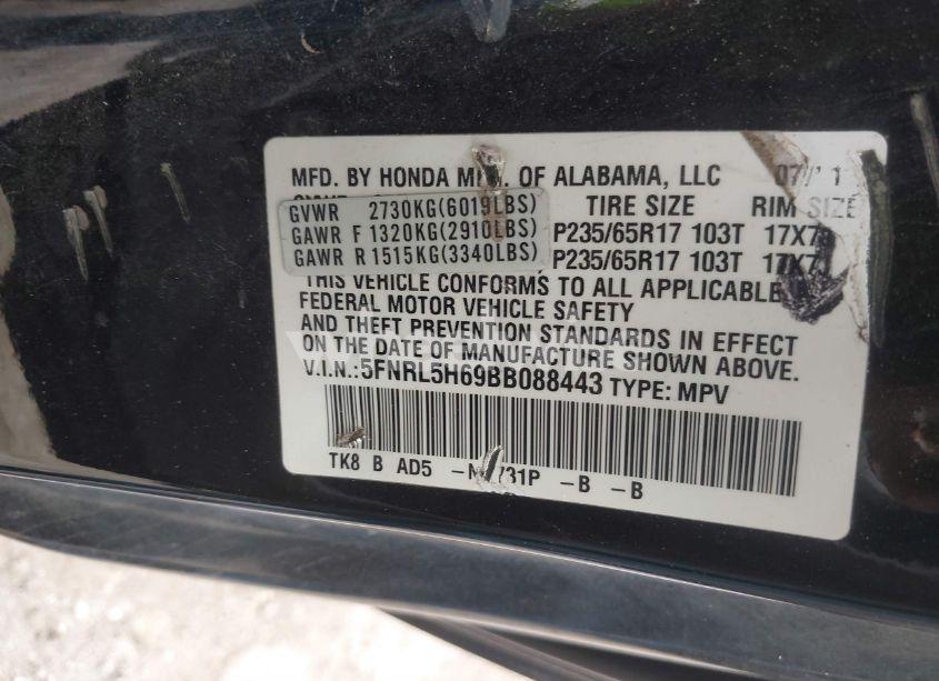 Photo 9 of 2011 Honda Odyssey EX-L (VIN 5FNRL5H69BB088443)