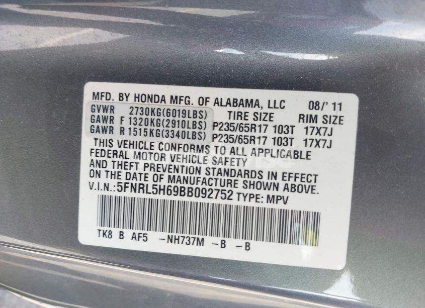Photo 9 of 2011 Honda Odyssey EX-L (VIN 5FNRL5H69BB092752)