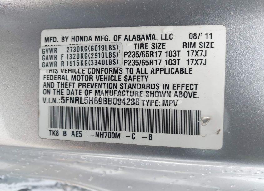 Photo 9 of 2011 Honda Odyssey EX-L (VIN 5FNRL5H69BB094288)