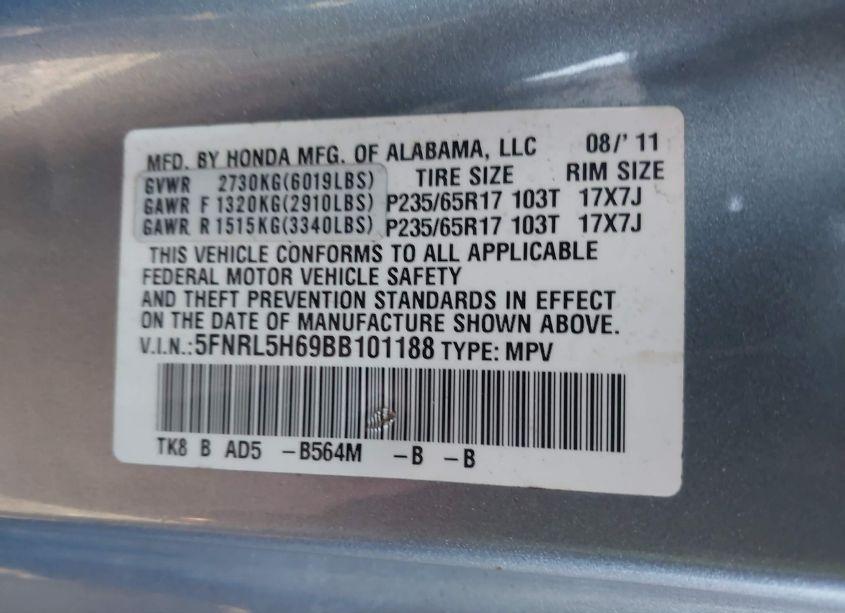 Photo 9 of 2011 Honda Odyssey EX-L (VIN 5FNRL5H69BB101188)