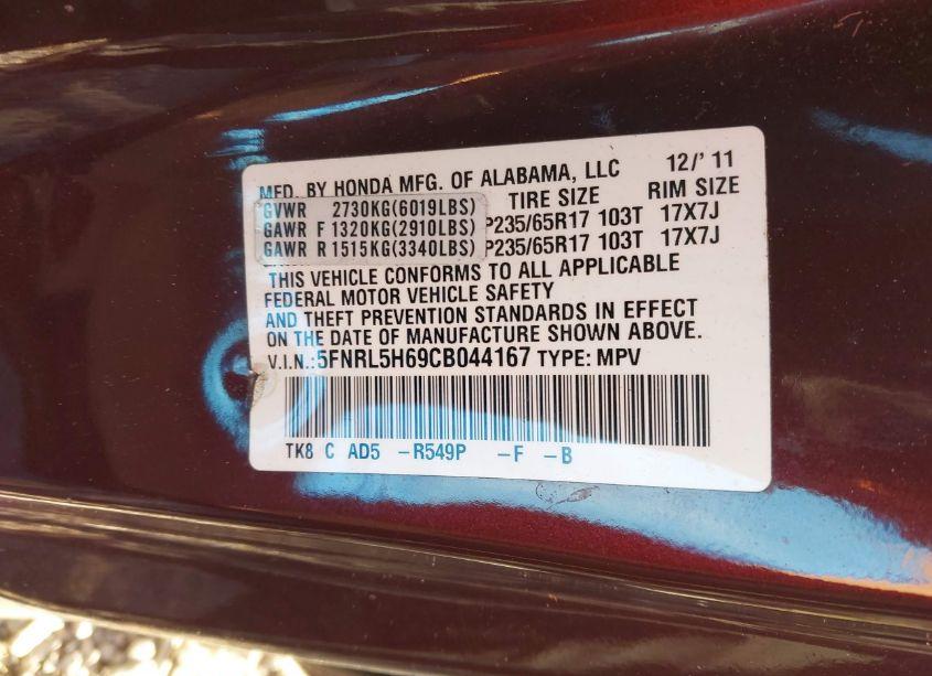 Photo 9 of 2012 Honda Odyssey EX-L (VIN 5FNRL5H69CB044167)