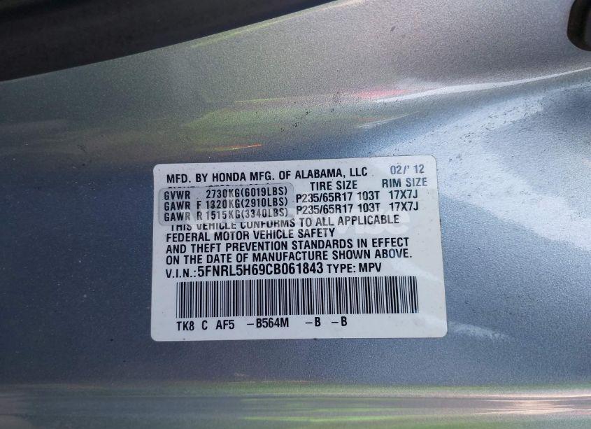 Photo 9 of 2012 Honda Odyssey EX-L (VIN 5FNRL5H69CB061843)