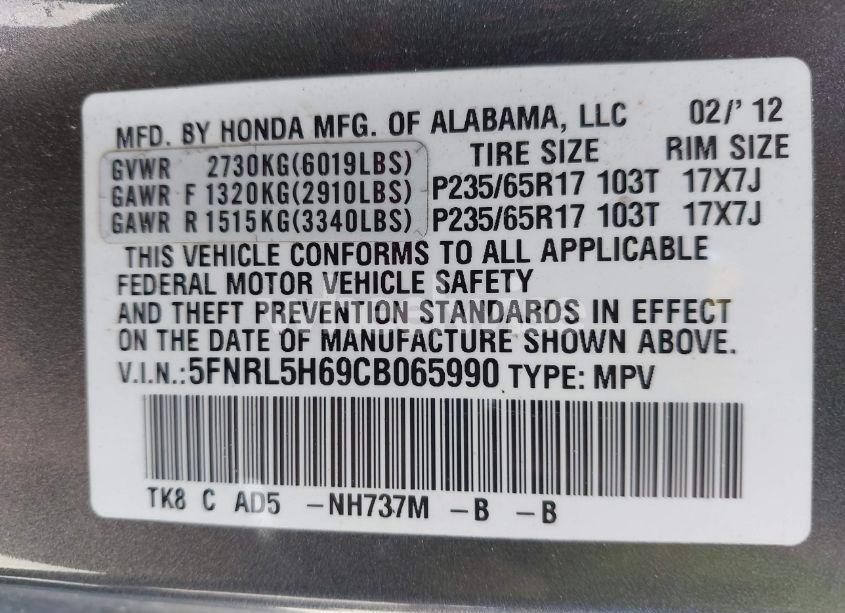 Photo 9 of 2012 Honda Odyssey EX-L (VIN 5FNRL5H69CB065990)