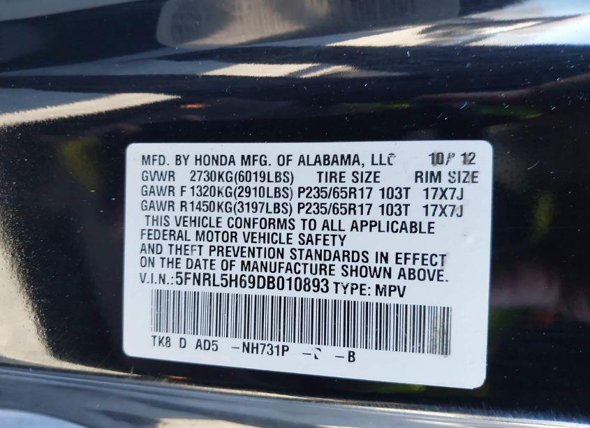 Photo 9 of 2013 Honda Odyssey EX-L (VIN 5FNRL5H69DB010893)