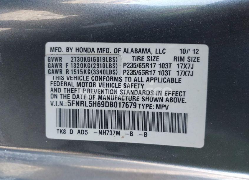 Photo 9 of 2013 Honda Odyssey EX-L (VIN 5FNRL5H69DB017679)