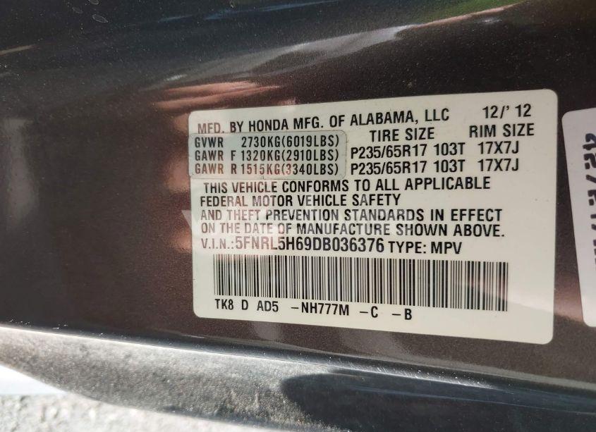 Photo 9 of 2013 Honda Odyssey EX-L (VIN 5FNRL5H69DB036376)