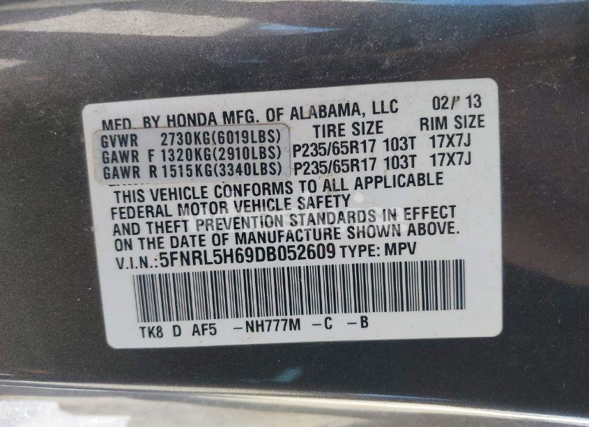 Photo 9 of 2013 Honda Odyssey EX-L (VIN 5FNRL5H69DB052609)