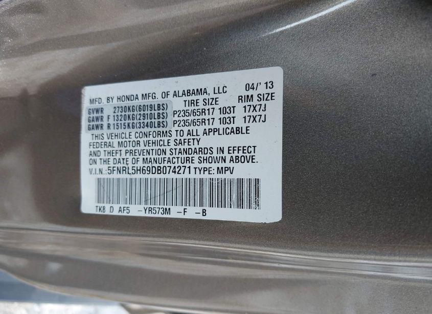 Photo 9 of 2013 Honda Odyssey EX-L (VIN 5FNRL5H69DB074271)