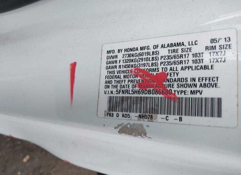 Photo 9 of 2013 Honda Odyssey EX-L (VIN 5FNRL5H69DB086680)