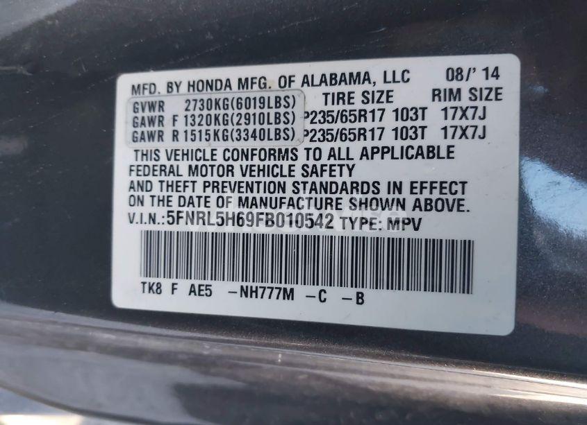 Photo 9 of 2015 Honda Odyssey EXL (VIN 5FNRL5H69FB010542)