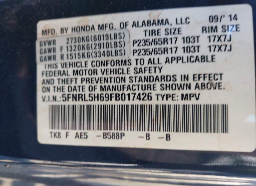 Photo 9 of 2015 Honda Odyssey EX-L (VIN 5FNRL5H69FB017426)