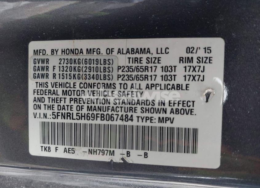 Photo 9 of 2015 Honda Odyssey EX-L (VIN 5FNRL5H69FB067484)