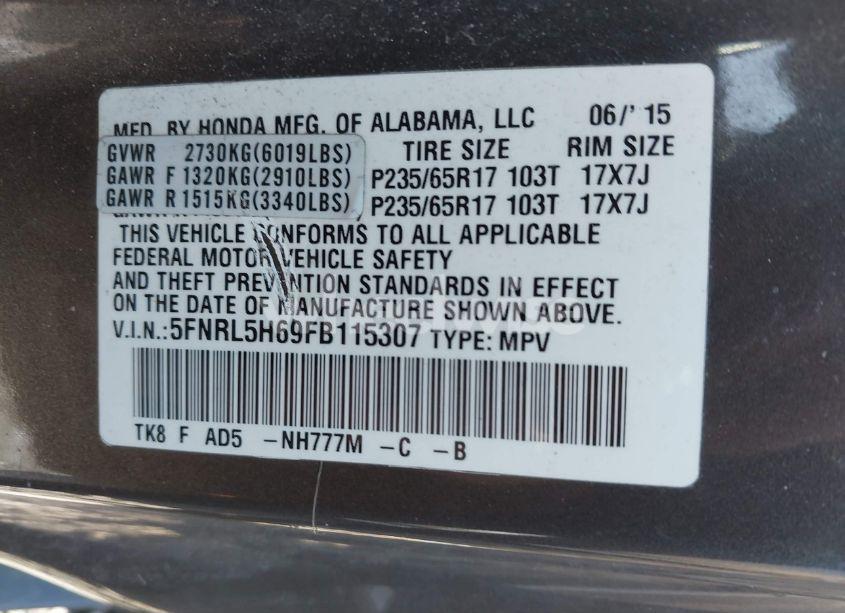 Photo 9 of 2015 Honda Odyssey EX-L (VIN 5FNRL5H69FB115307)