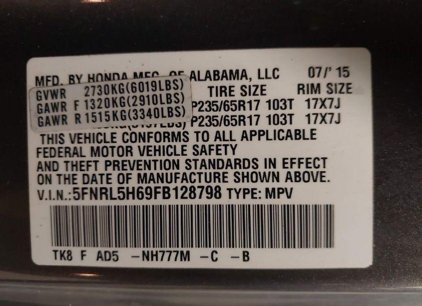 Photo 9 of 2015 Honda Odyssey EX-L (VIN 5FNRL5H69FB128798)