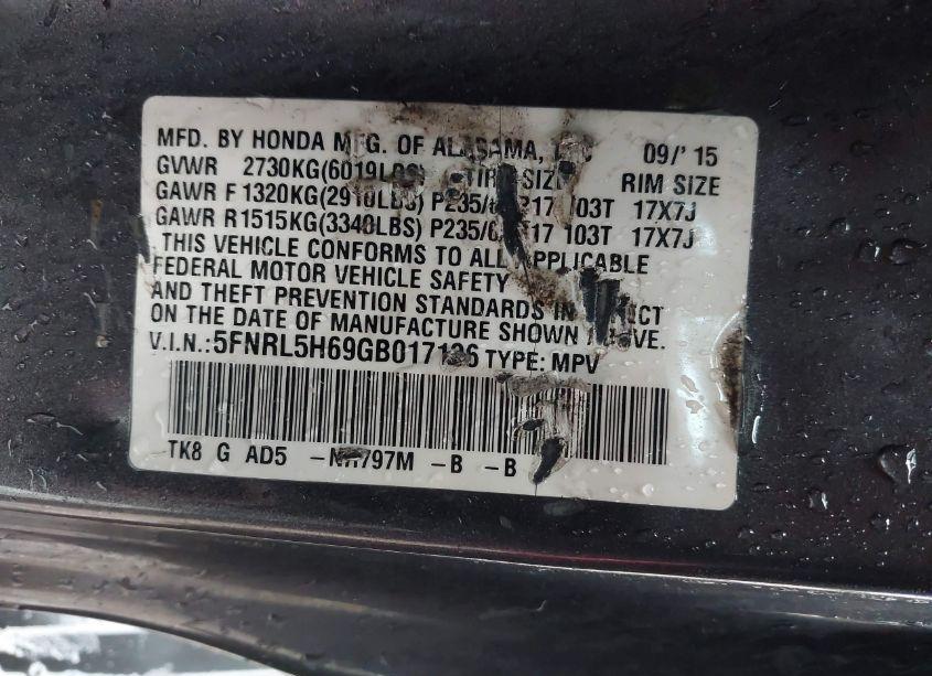 Photo 9 of 2016 Honda Odyssey EX-L (VIN 5FNRL5H69GB017136)