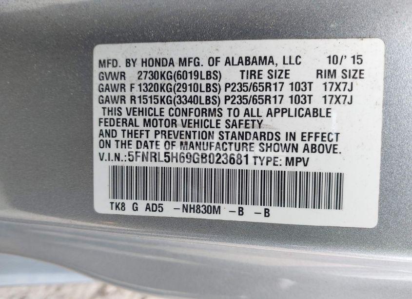 Photo 9 of 2016 Honda Odyssey EX-L (VIN 5FNRL5H69GB023681)