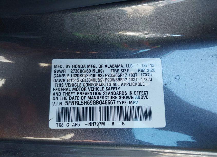 Photo 9 of 2016 Honda Odyssey EX-L (VIN 5FNRL5H69GB046667)